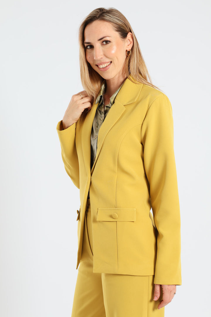 Button Pocket Notch Hem Blazer - Mustard