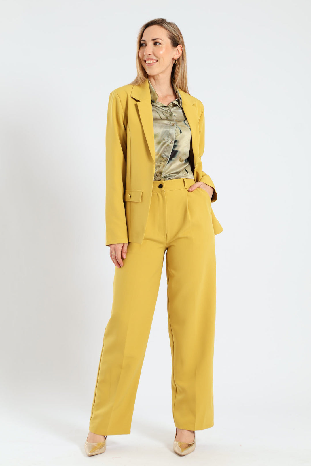 Button Pocket Notch Hem Blazer - Mustard