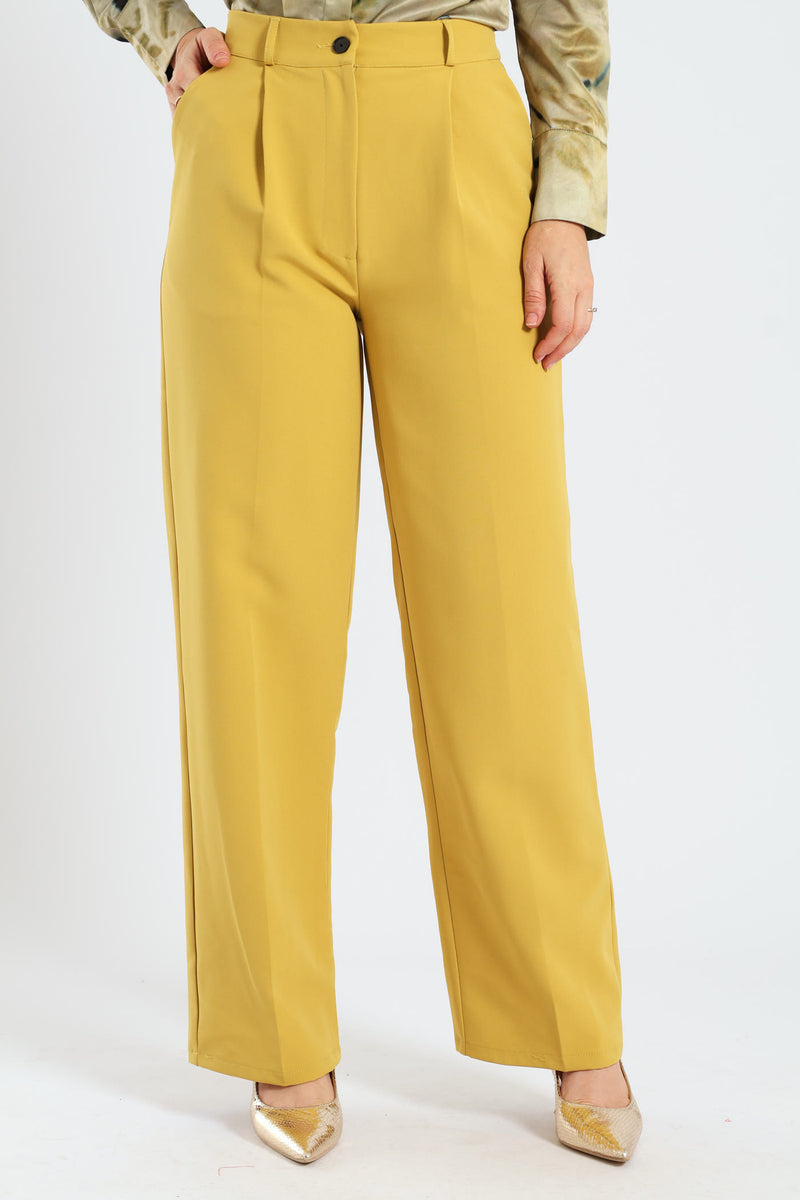 Covered Button Wide Leg Pants - Mustard