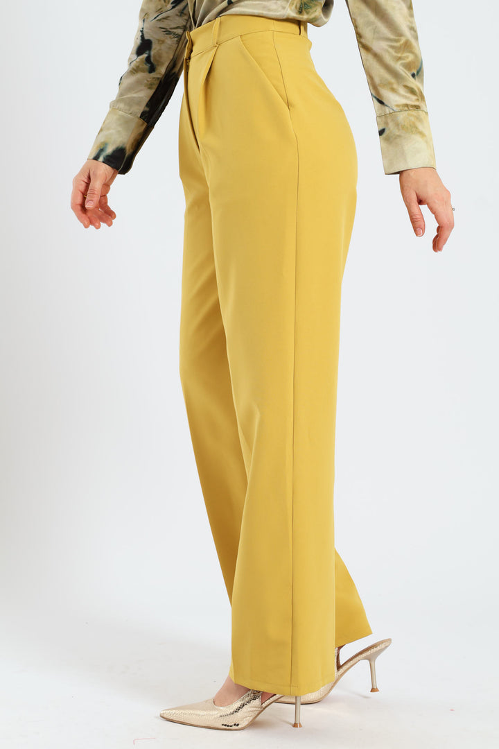 Covered Button Wide Leg Pants - Mustard
