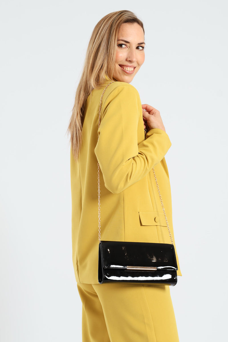 Chain Strap Patent Clutch Bag - Black