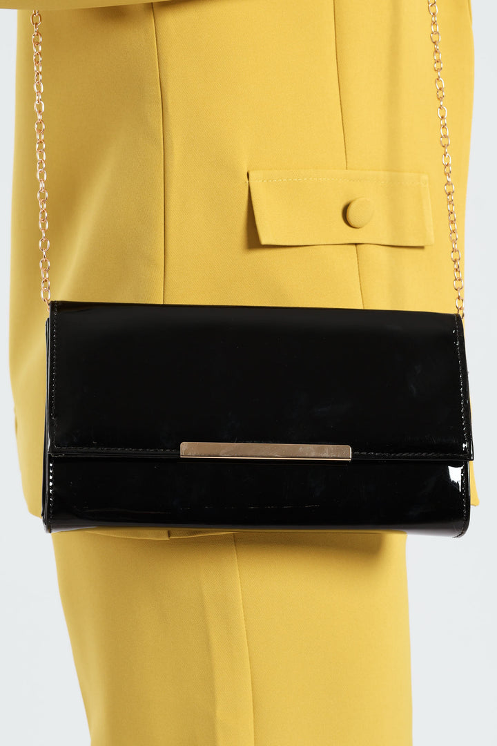 Chain Strap Patent Clutch Bag - Black