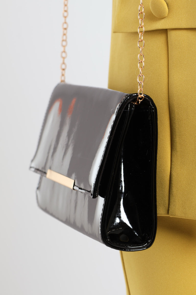 Chain Strap Patent Clutch Bag - Black