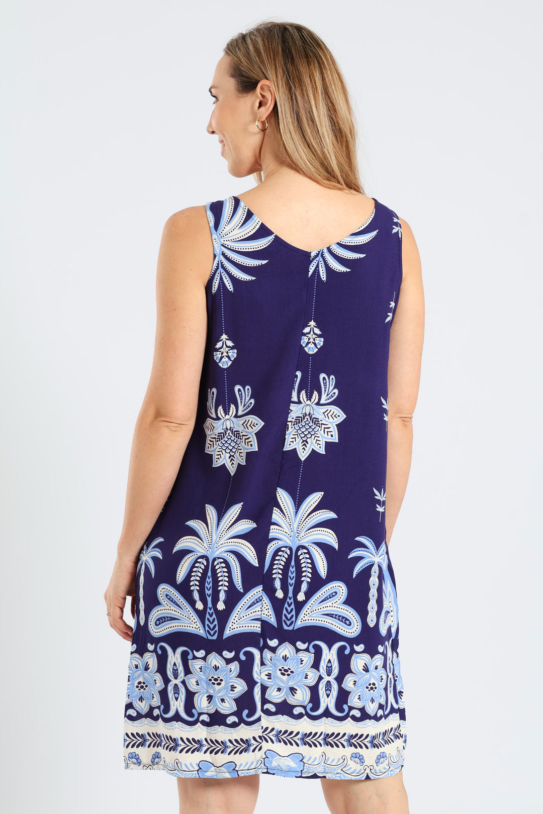 Printed Border Shift Dress - Navy/White