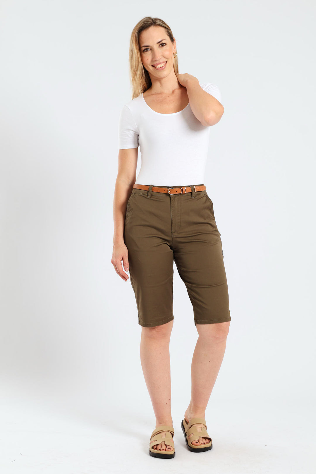 Belted Stretch Sateen Chino Bermuda Shorts - Light Fatigue