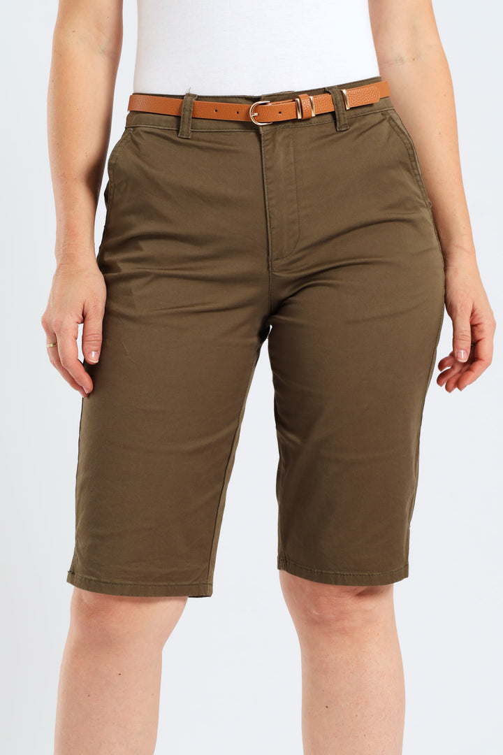 Belted Stretch Sateen Chino Bermuda Shorts - Light Fatigue
