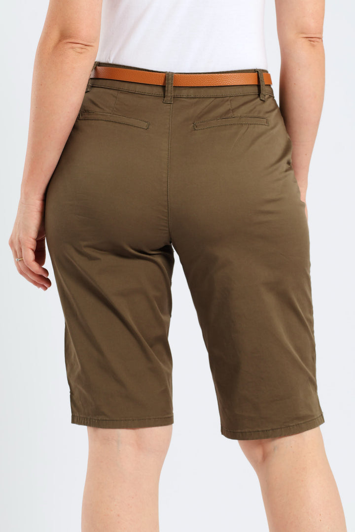 Belted Stretch Sateen Chino Bermuda Shorts - Light Fatigue