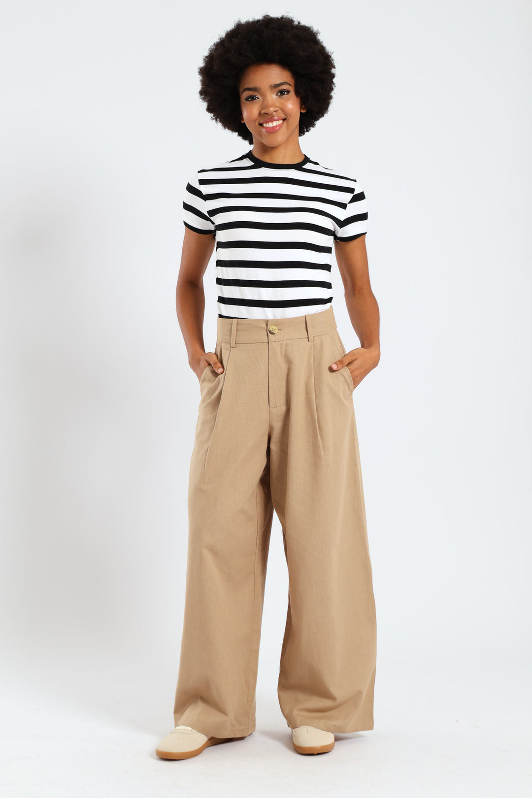 Linen Tailored Wide Leg Pants - Tan