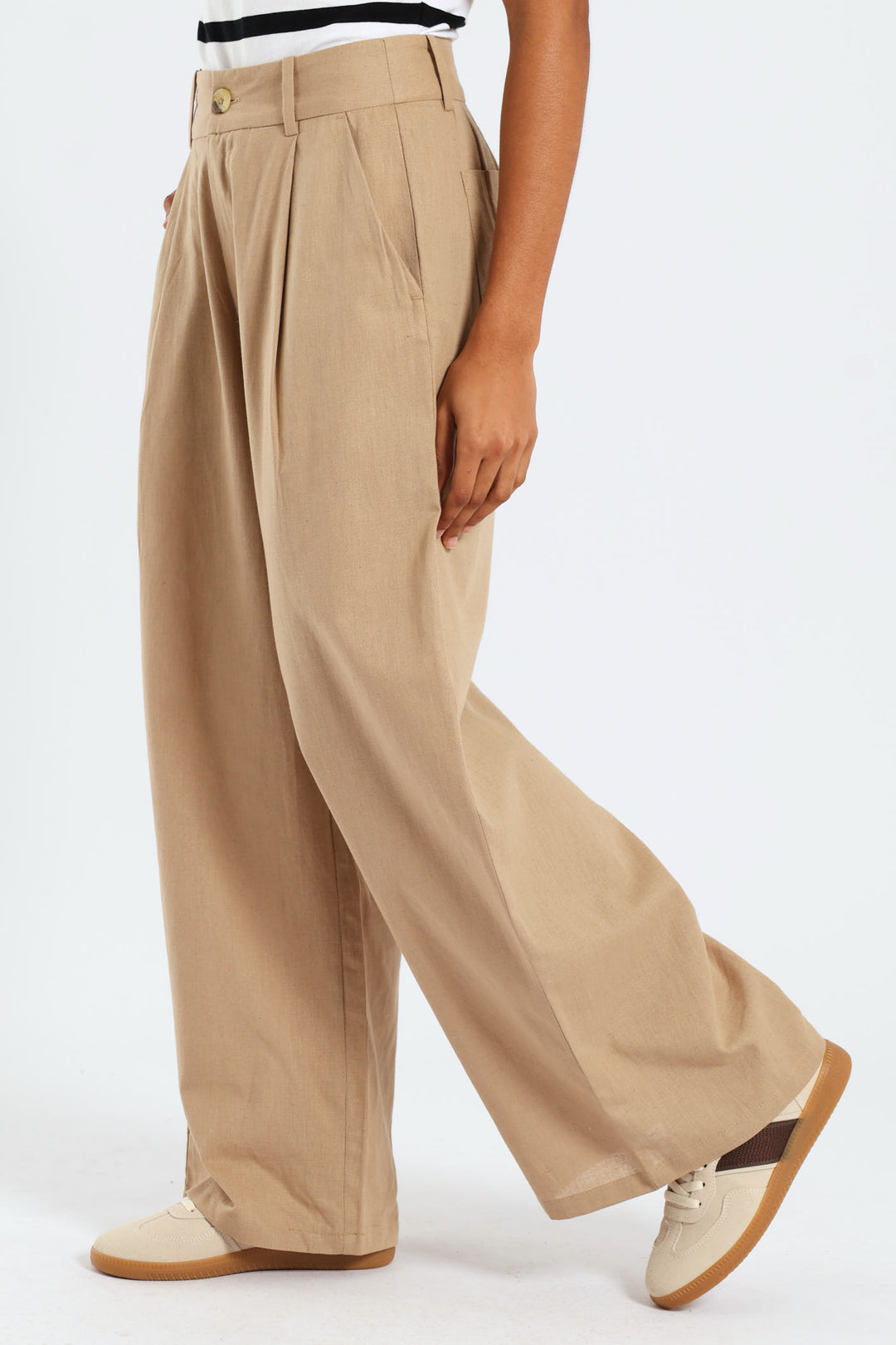 Linen Tailored Wide Leg Pants - Tan