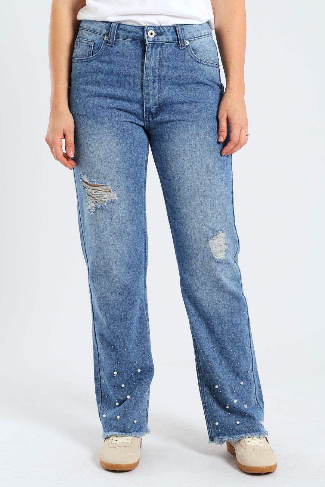 Abraised Pearl Hem Straight Leg Denim - Mid Wash