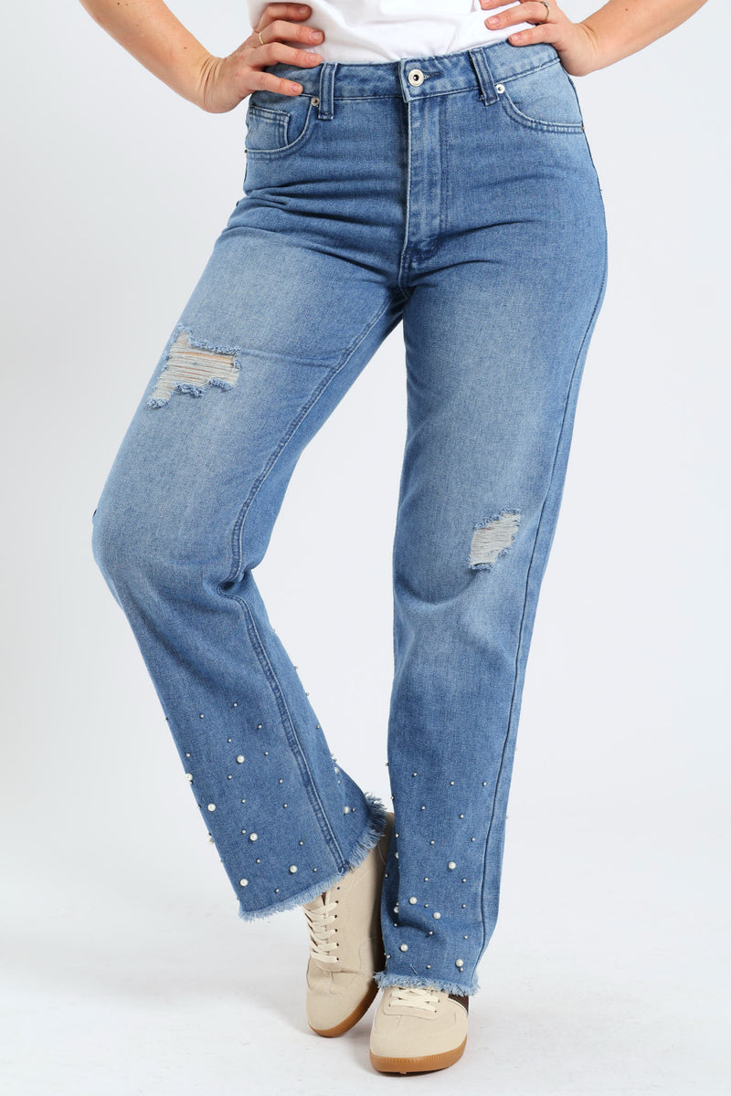 Abraised Pearl Hem Straight Leg Denim - Mid Wash