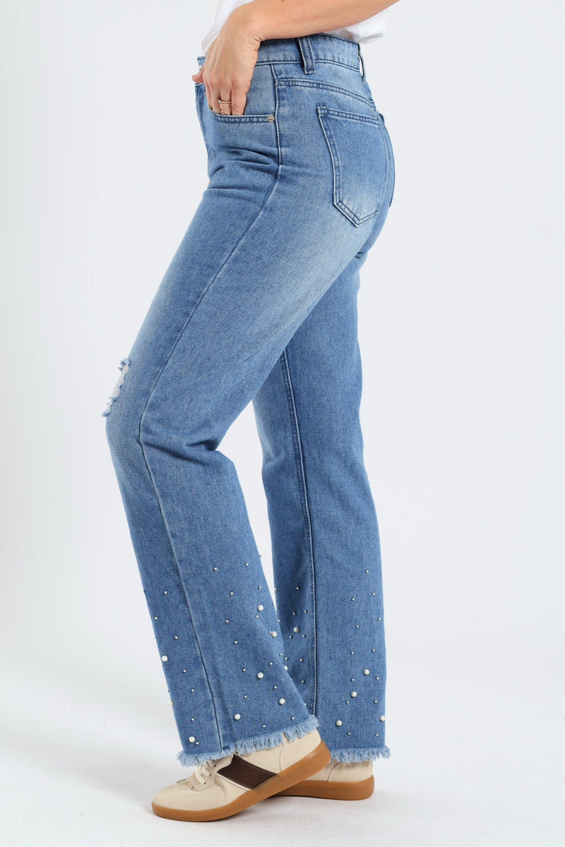 Abraised Pearl Hem Straight Leg Denim - Mid Wash