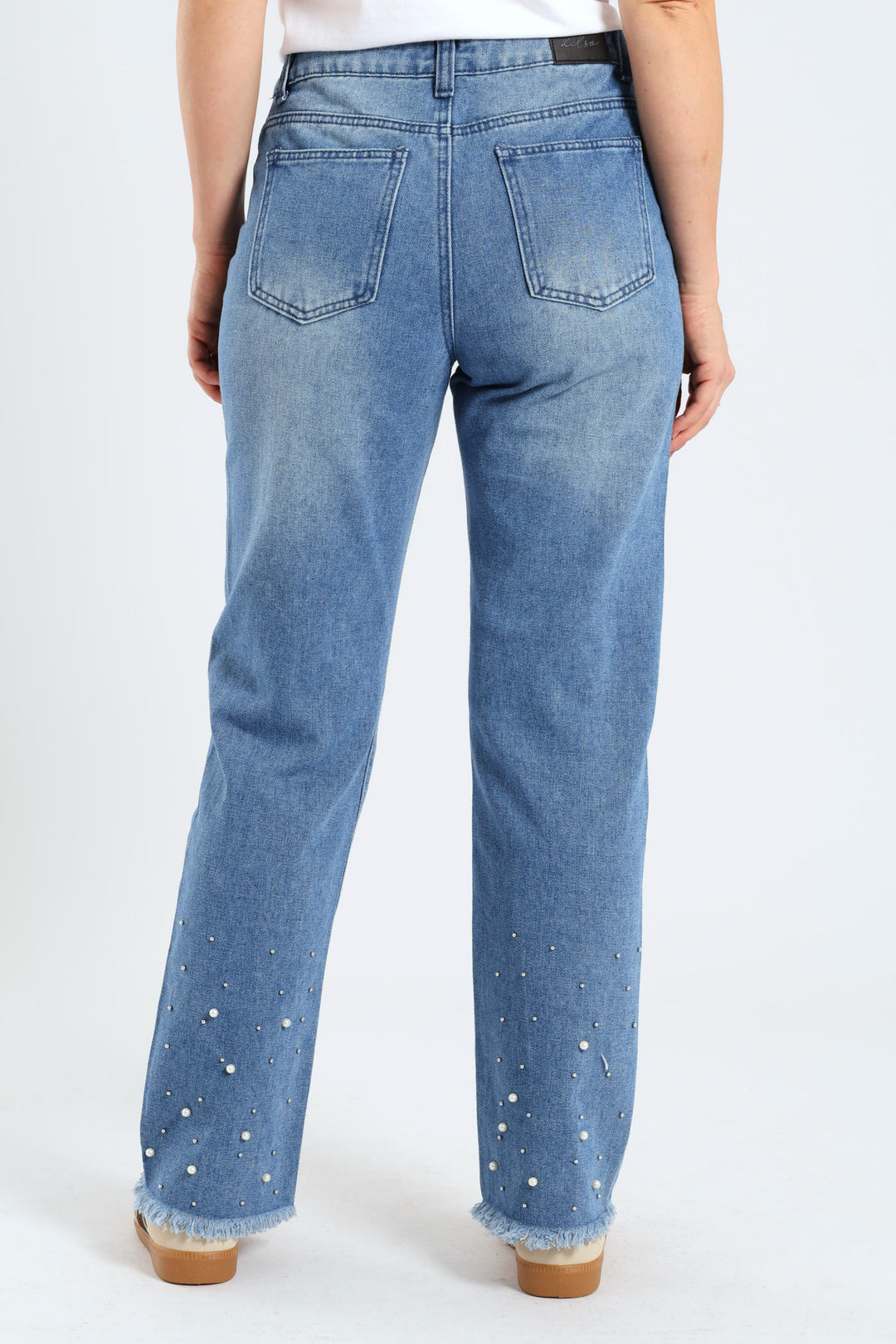 Abraised Pearl Hem Straight Leg Denim - Mid Wash