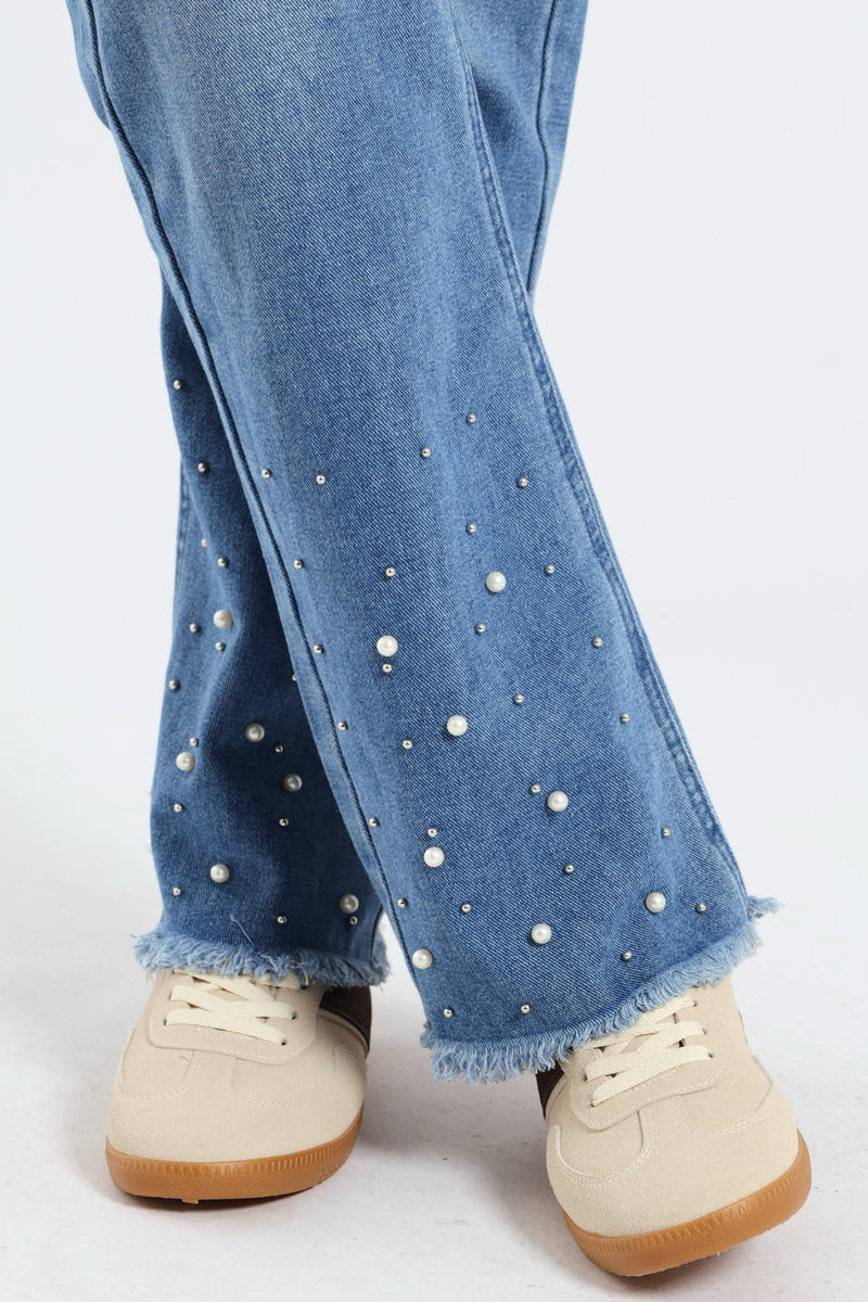 Abraised Pearl Hem Straight Leg Denim - Mid Wash