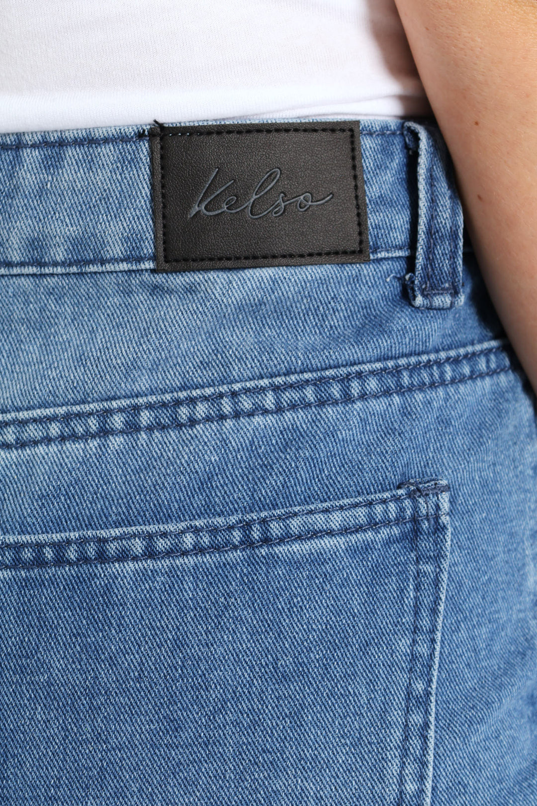 Abraised Pearl Hem Straight Leg Denim - Mid Wash