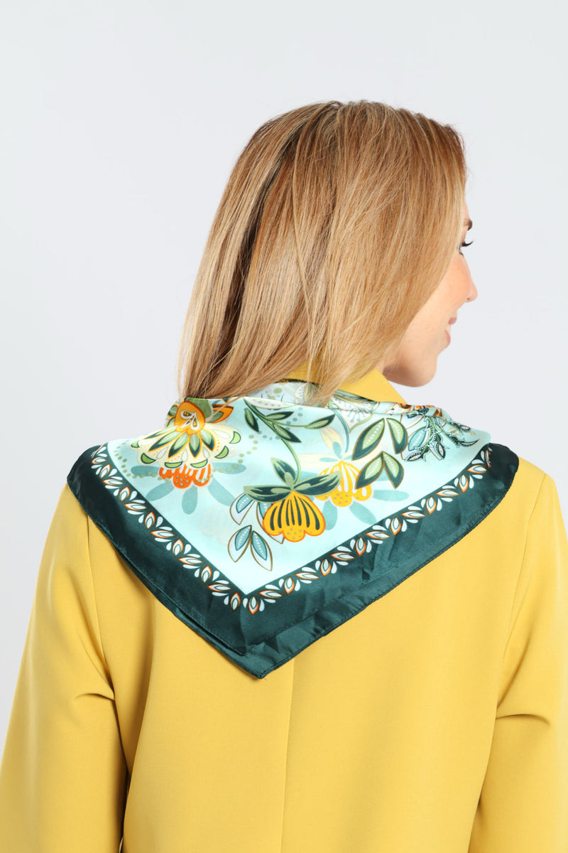 Floral Boarder Print Satin Feel Scarf - Aqua