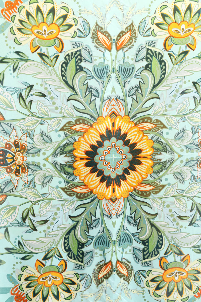 Floral Boarder Print Satin Feel Scarf - Aqua