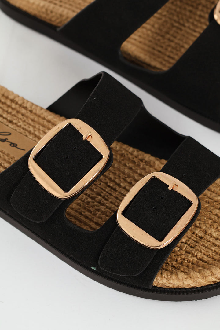 Buckle Detail Espadrille Slide - Black