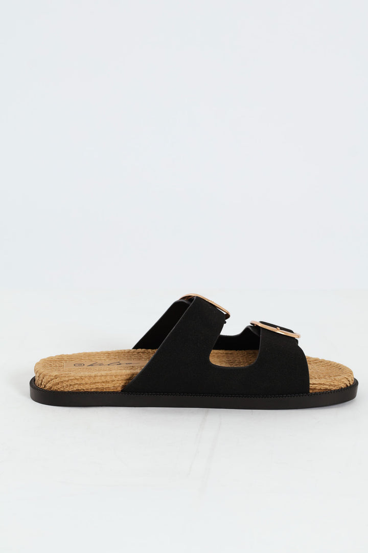Buckle Detail Espadrille Slide - Black