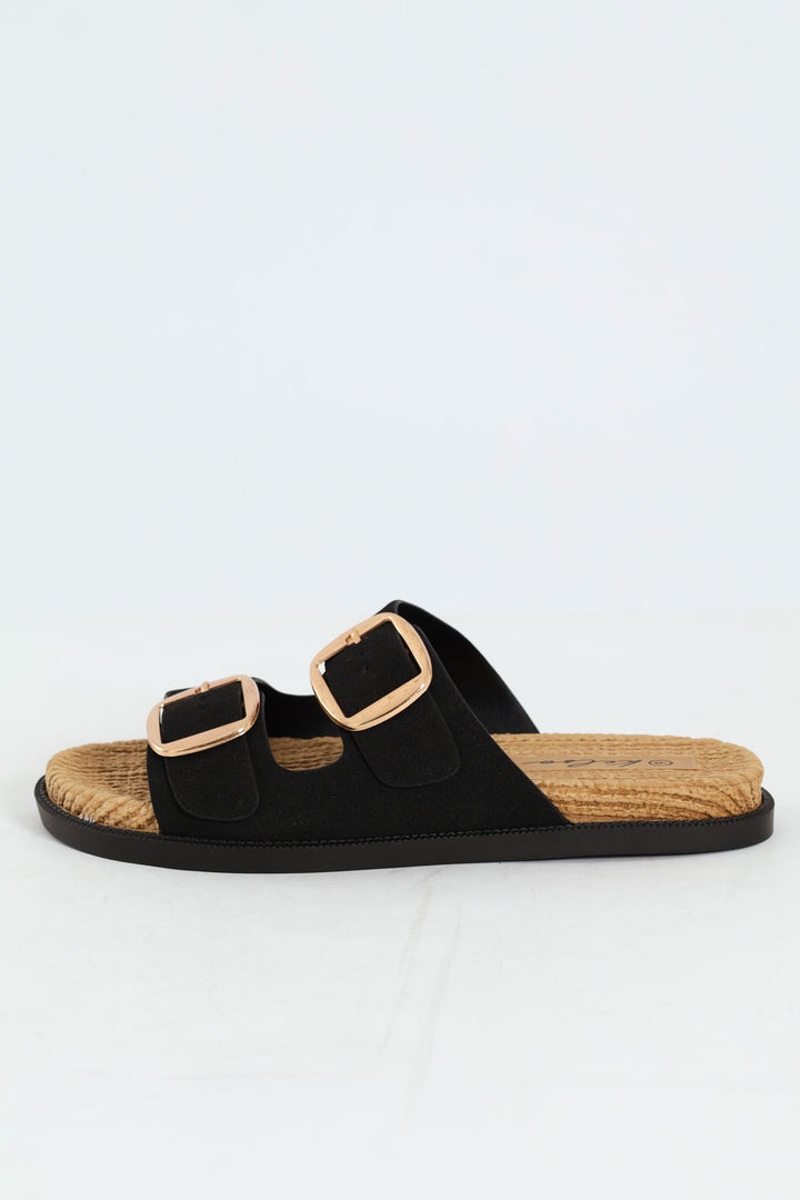 Buckle Detail Espadrille Slide - Black