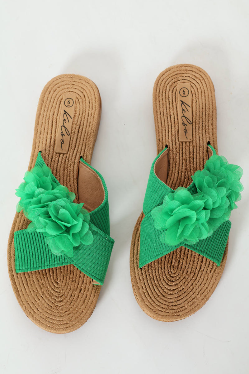 One Band Flower Detail Crosstrap Mule Sandal - Green