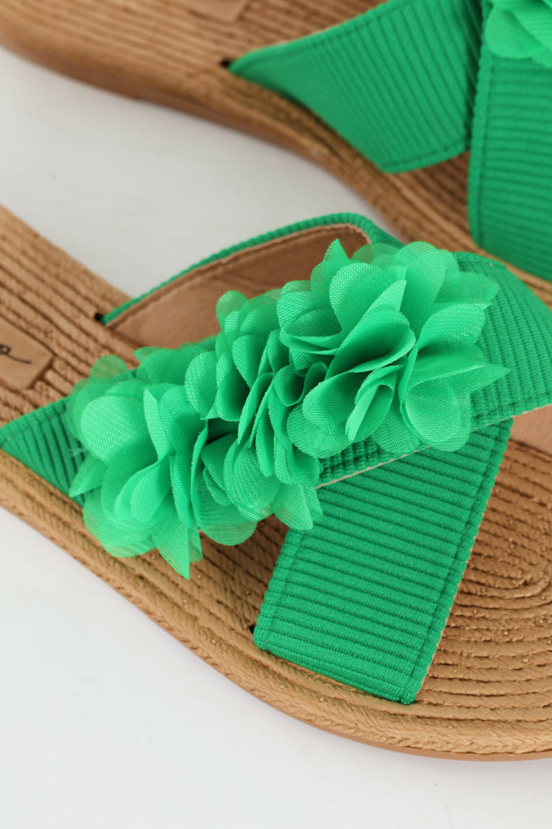 One Band Flower Detail Crosstrap Mule Sandal - Green