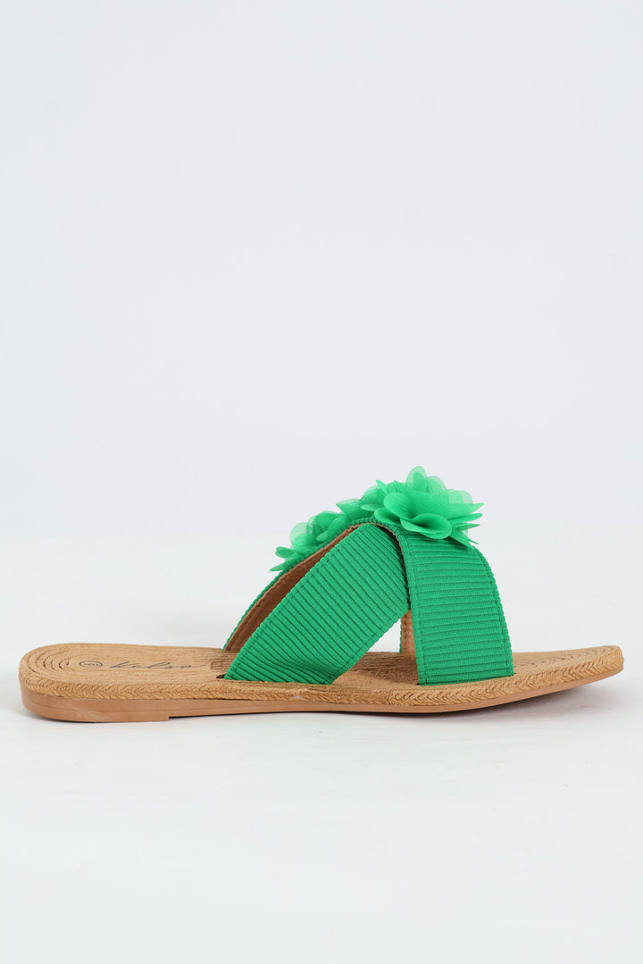One Band Flower Detail Crosstrap Mule Sandal - Green