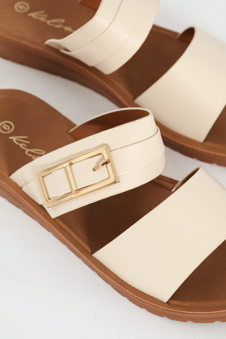 Buckle Detail Double Band Comfort Mule Sandal - Natural