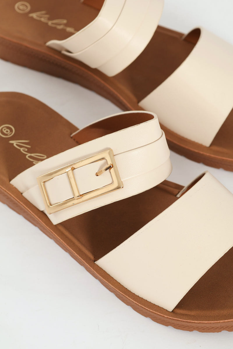 Buckle Detail Double Band Comfort Mule Sandal - Natural