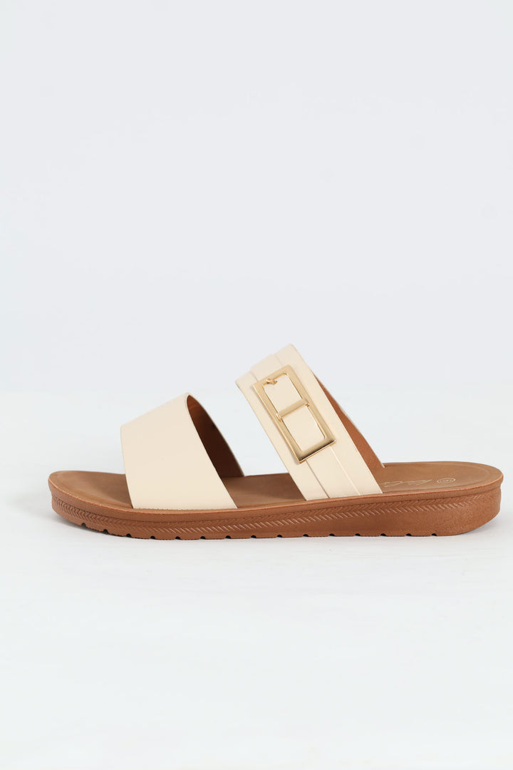 Buckle Detail Double Band Comfort Mule Sandal - Natural