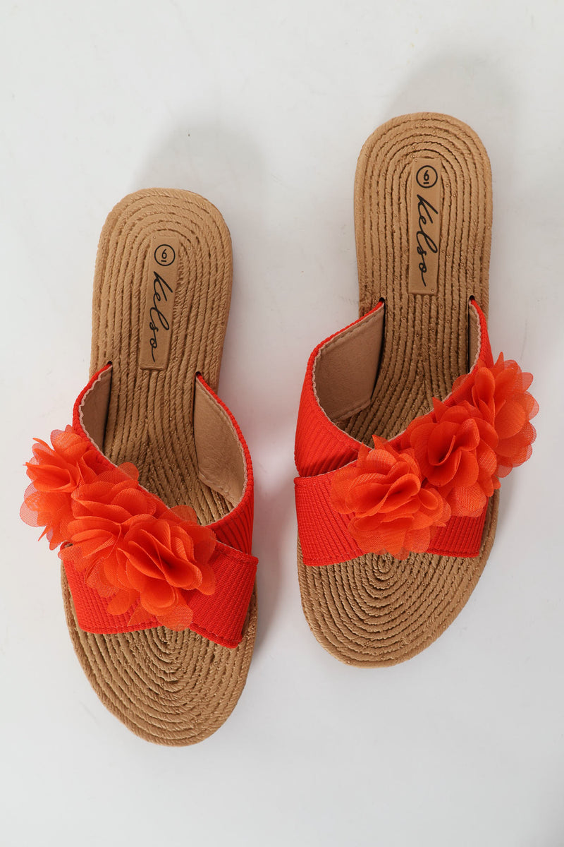 One Band Flower Detail Crosstrap Mule Sandal - Orange
