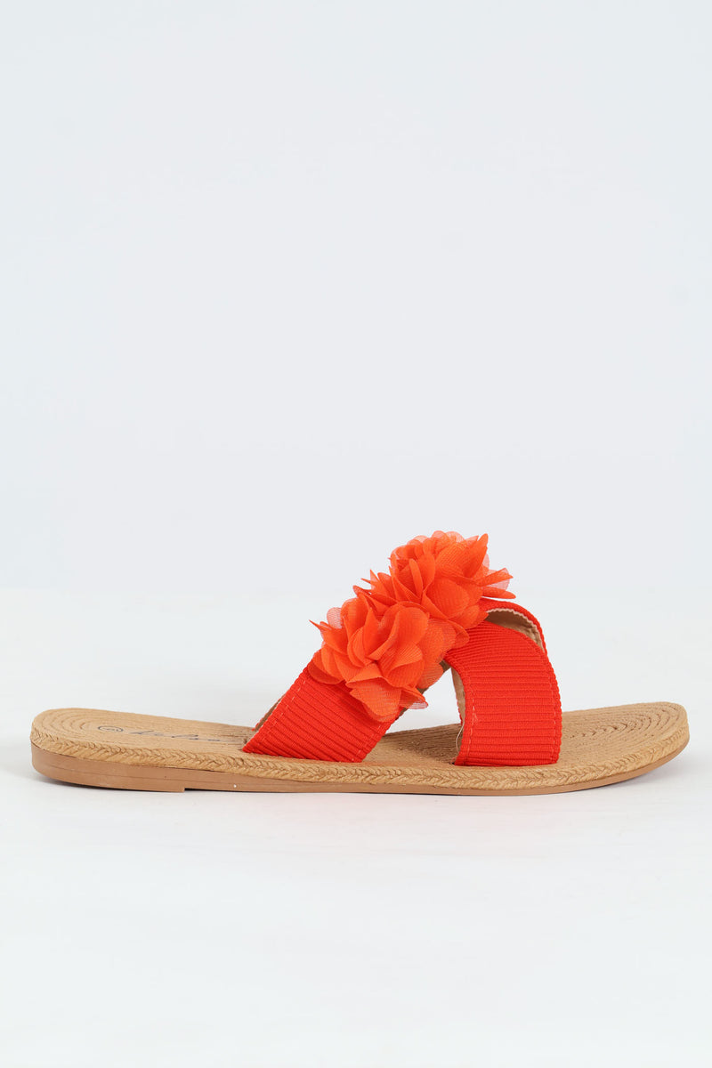 One Band Flower Detail Crosstrap Mule Sandal - Orange