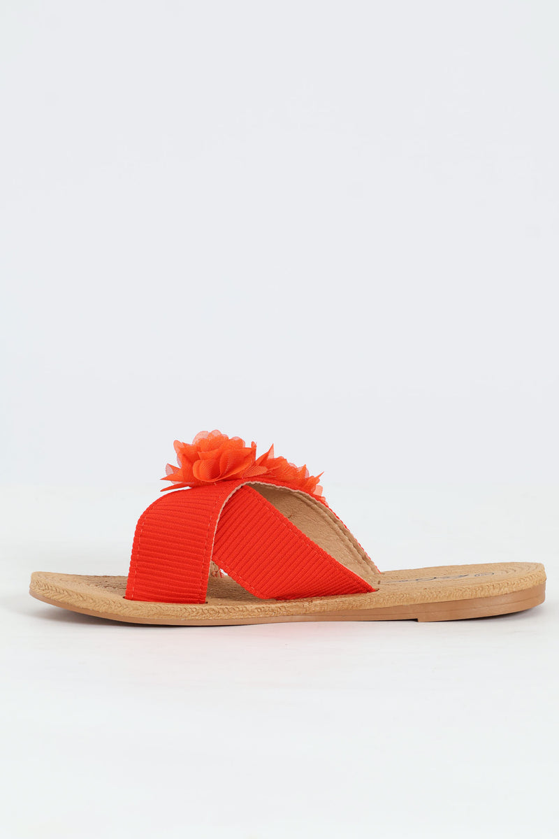 One Band Flower Detail Crosstrap Mule Sandal - Orange