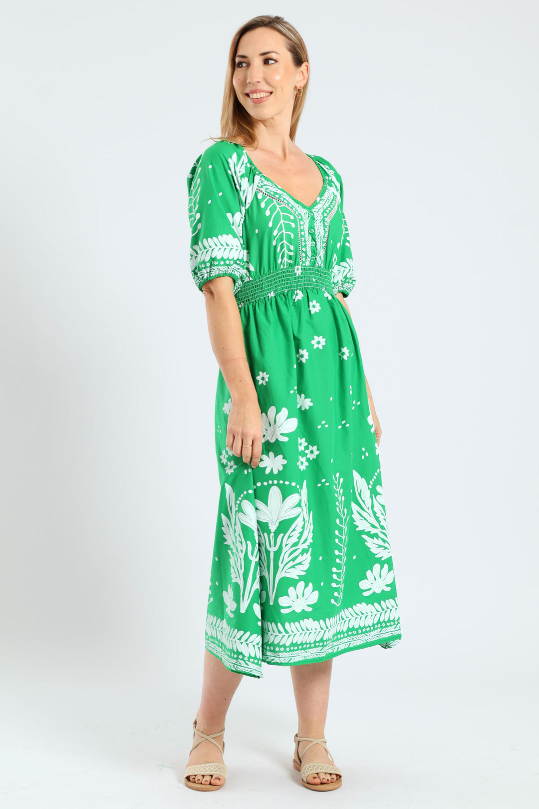 3/4 Sleeve V-Neck Border Print Midaxi Dress - Emerald