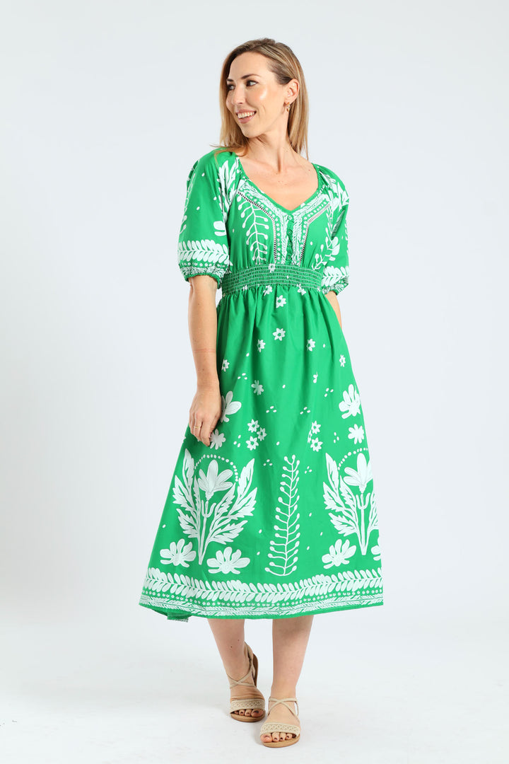 3/4 Sleeve V-Neck Border Print Midaxi Dress - Emerald