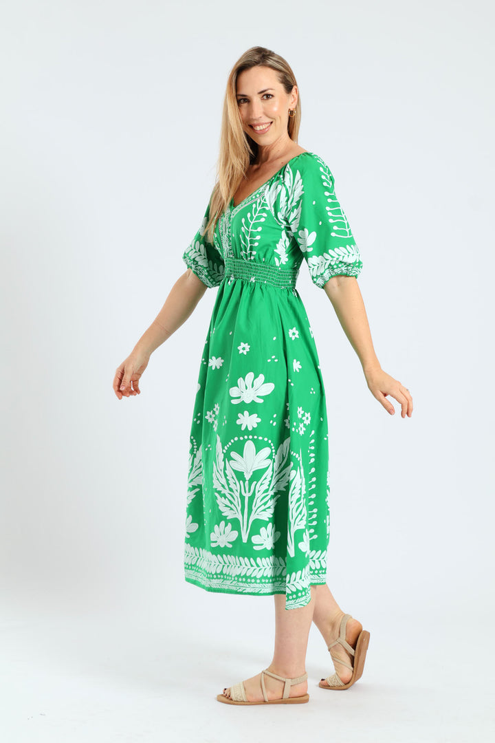 3/4 Sleeve V-Neck Border Print Midaxi Dress - Emerald