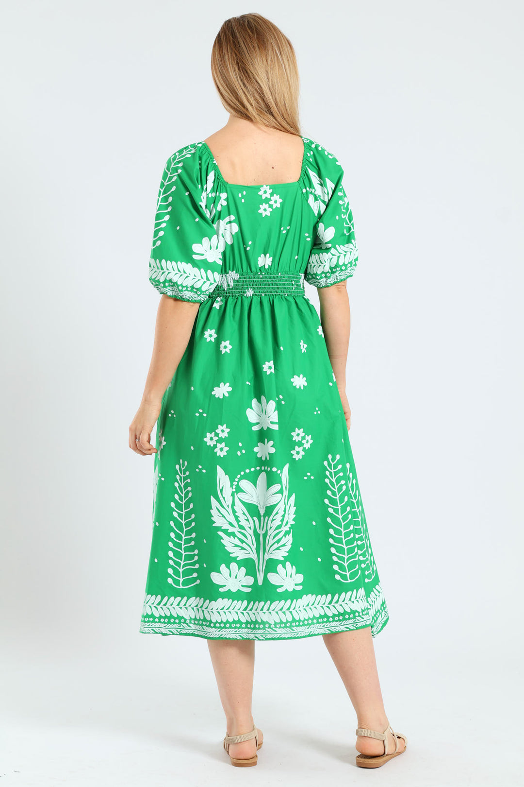3/4 Sleeve V-Neck Border Print Midaxi Dress - Emerald