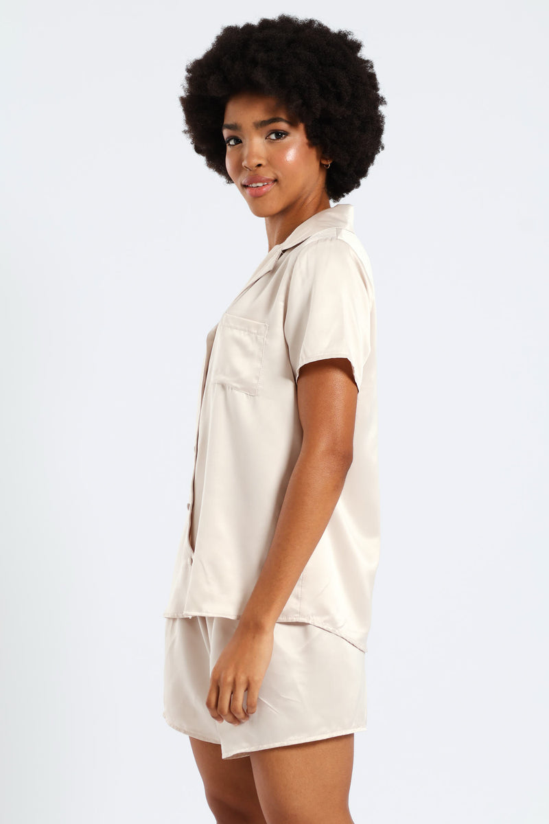 Button Through Satin Short Set