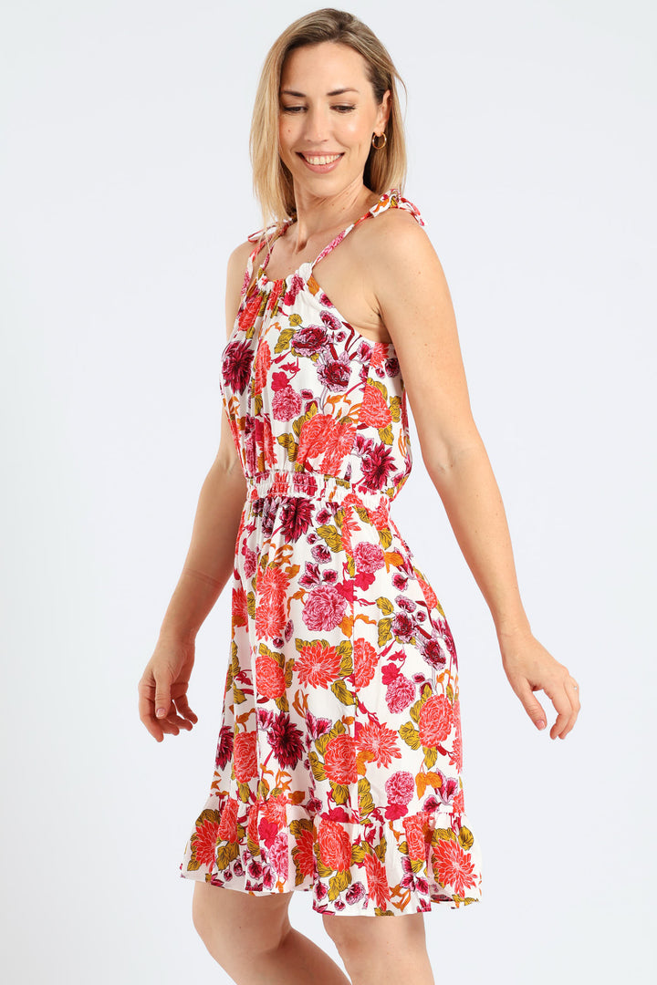 Sleeveless Strappy Shirred Waist Printed Mini Dress - White