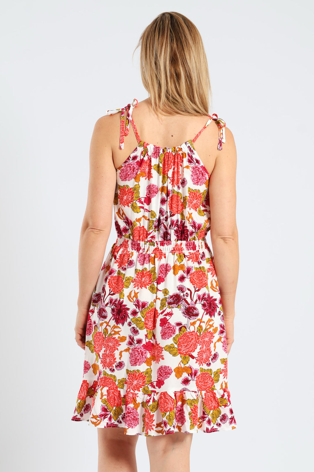 Sleeveless Strappy Shirred Waist Printed Mini Dress - White