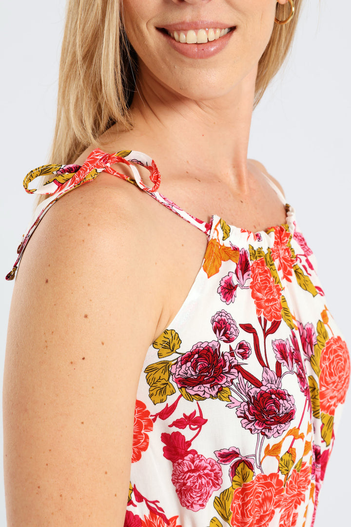 Sleeveless Strappy Shirred Waist Printed Mini Dress - White