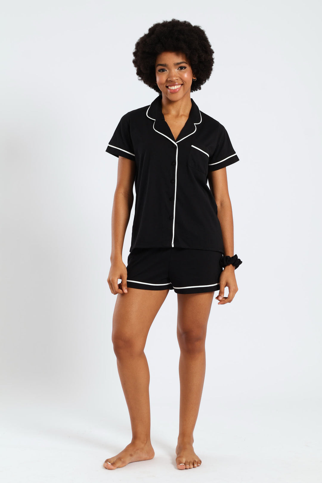 Button Through Knit Short Set With Scrunchie - Black