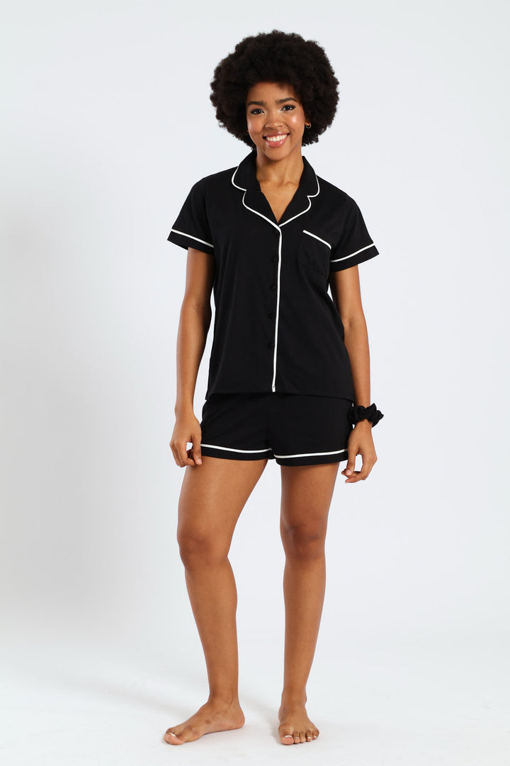 Button Through Knit Short Set With Scrunchie - Black