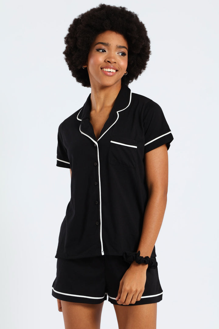 Button Through Knit Short Set With Scrunchie - Black