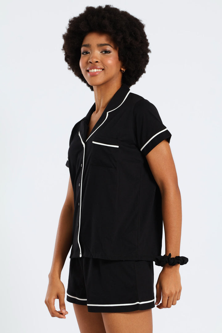 Button Through Knit Short Set With Scrunchie - Black