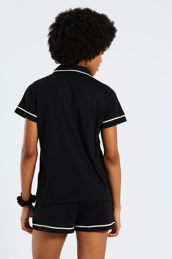 Button Through Knit Short Set With Scrunchie - Black