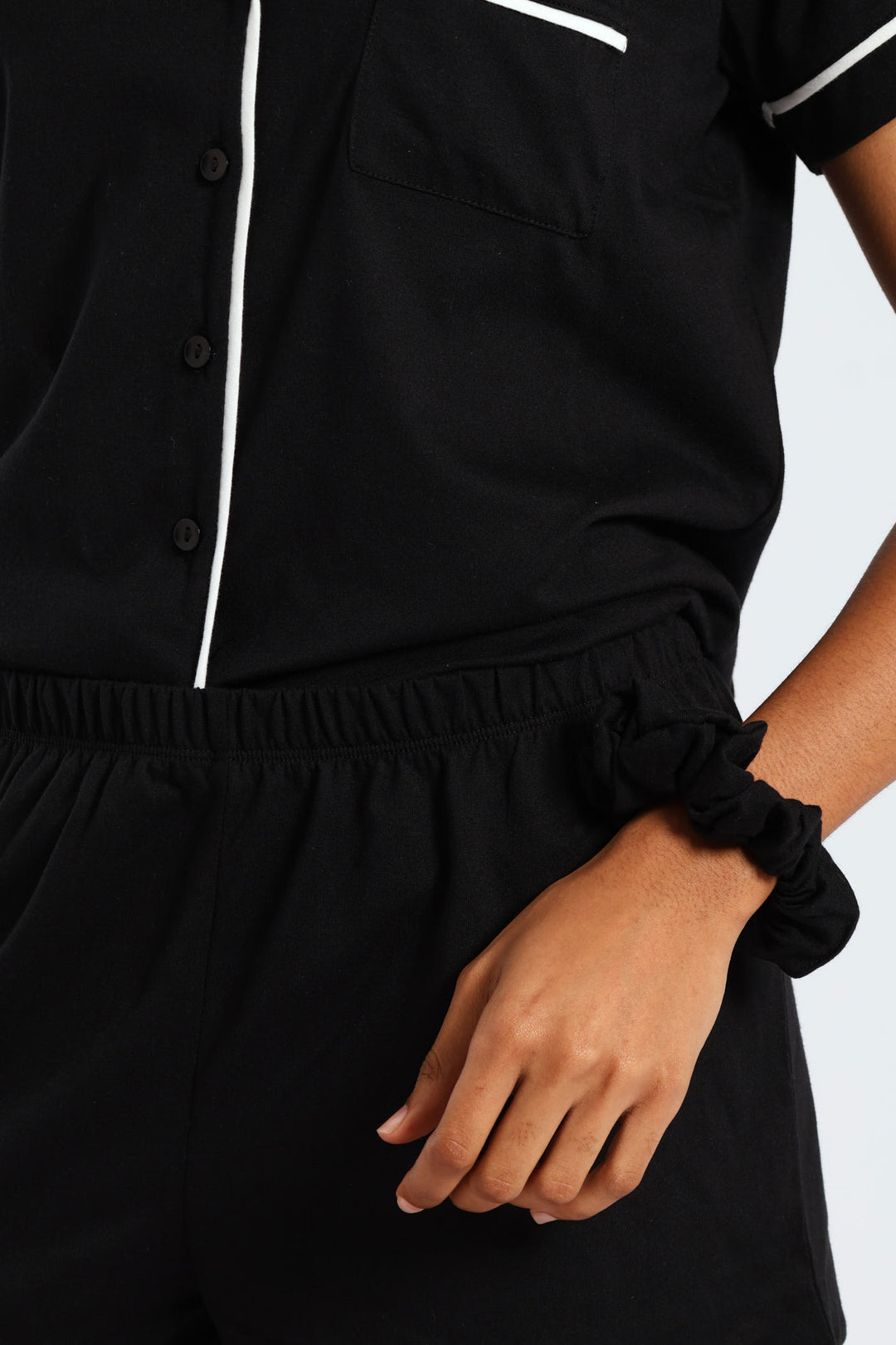 Button Through Knit Short Set With Scrunchie - Black