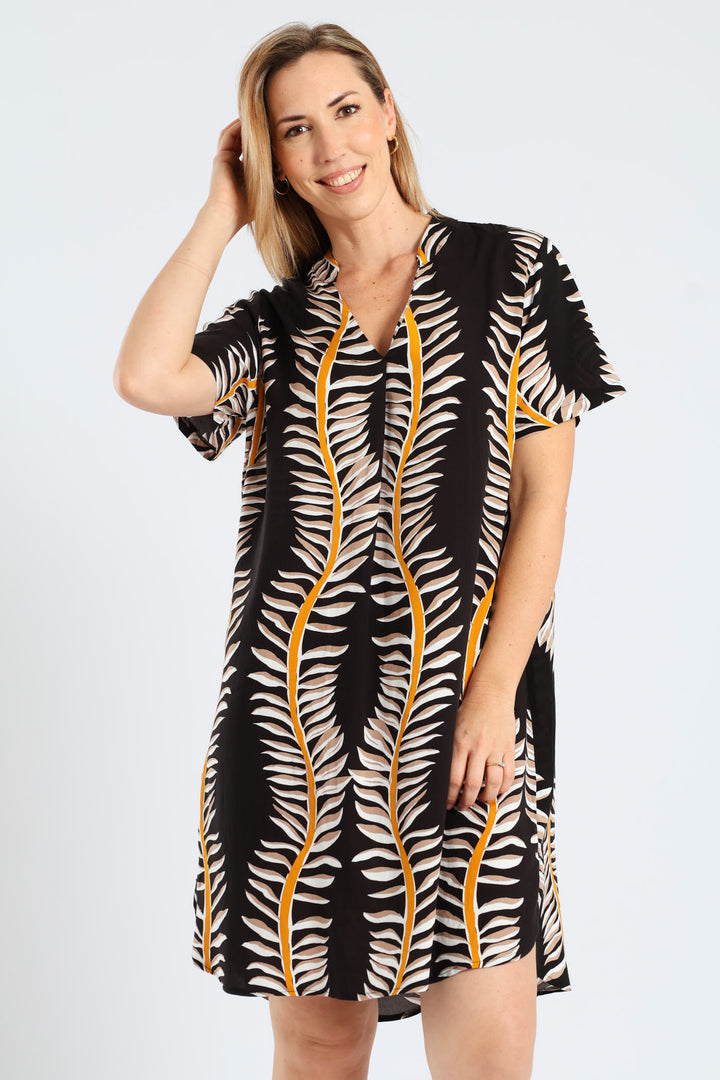 Mandarin Printed Shift Dress - Black/White