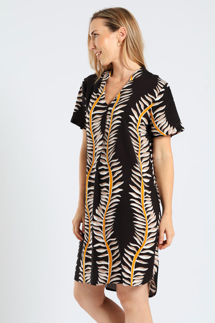Mandarin Printed Shift Dress - Black/White
