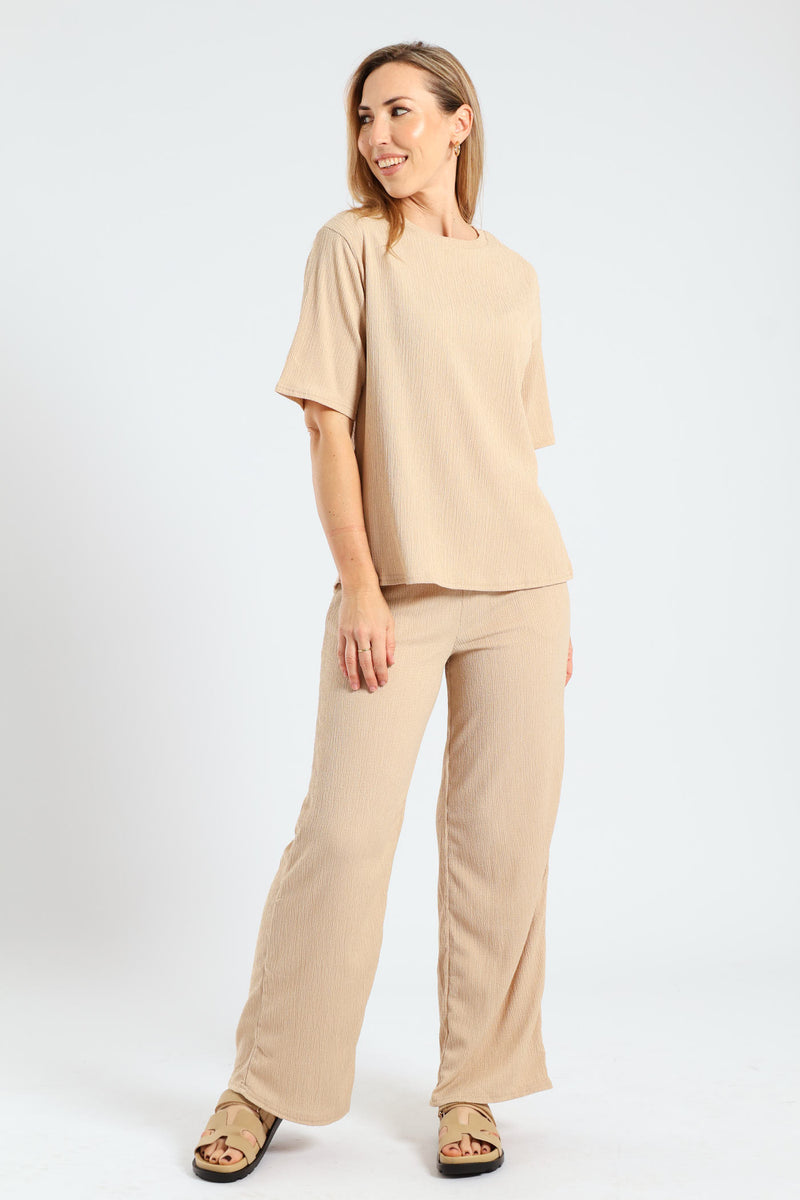 Side Slit Relaxed Oversized Crinkle Tee - Stone